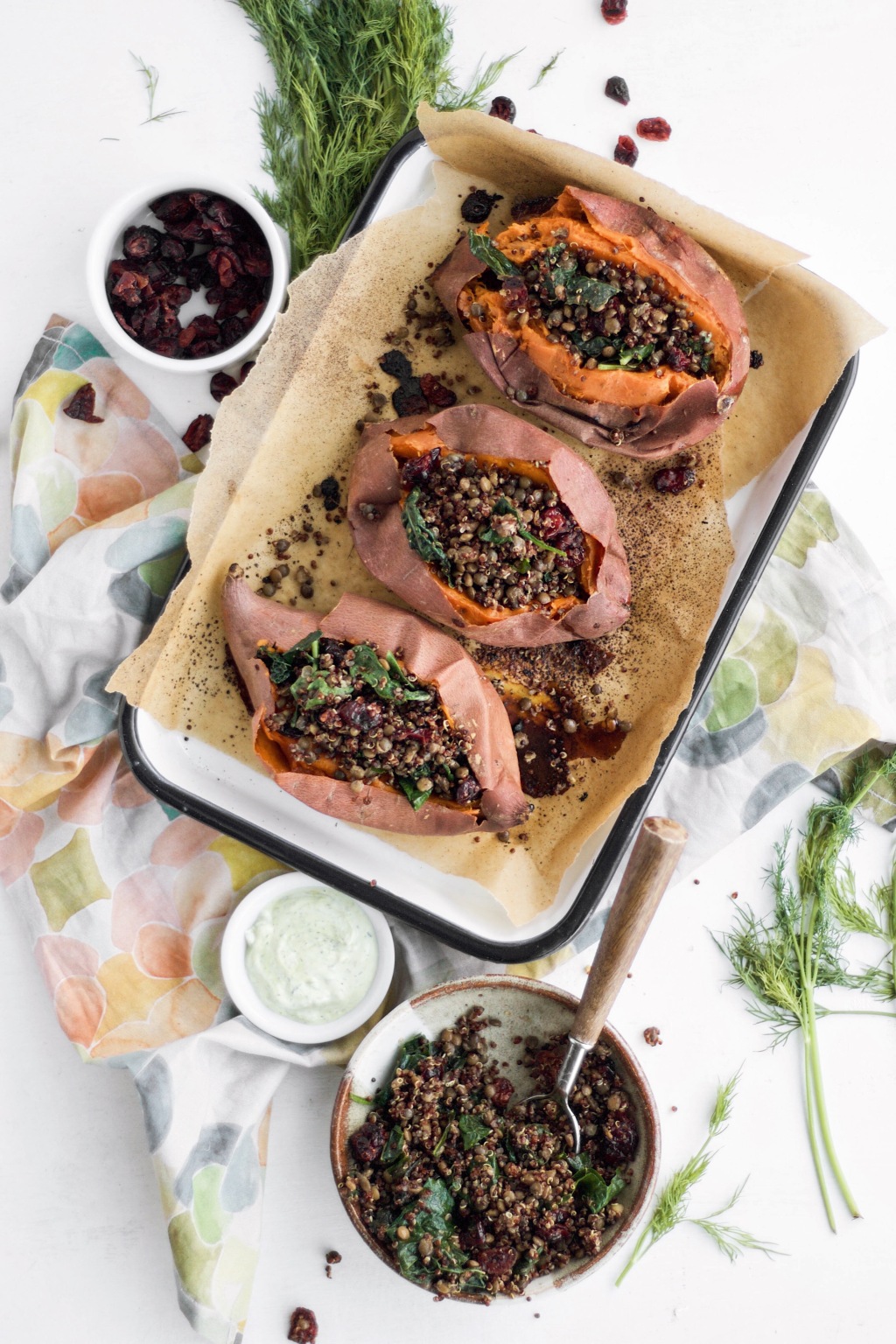 Roasted Sweet Potatoes with Lentil and Quinoa Stuffing